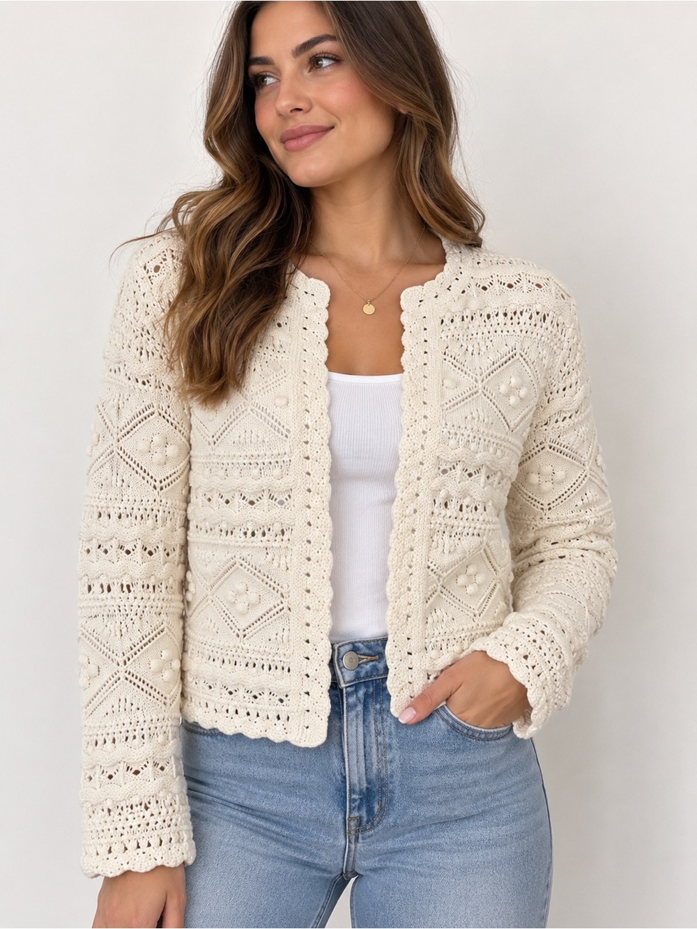 Boden Cream Crochet Open-Front Cardigan